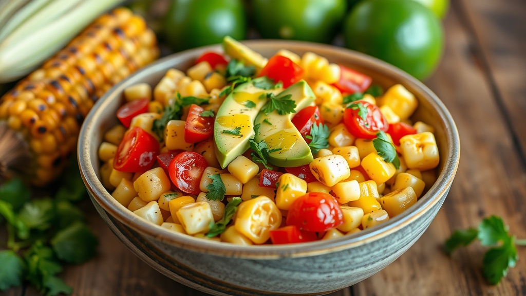Zesty Grilled Corn Salad with Avocado and Lime A vibrant grilled corn salad in a rustic bowl with corn, avocado, tomatoes, and lime dressing.